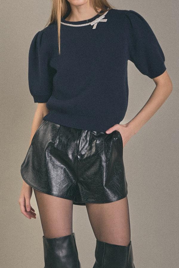 English Factory Puff Sleeve Rhinestone Bow Knit NAVY