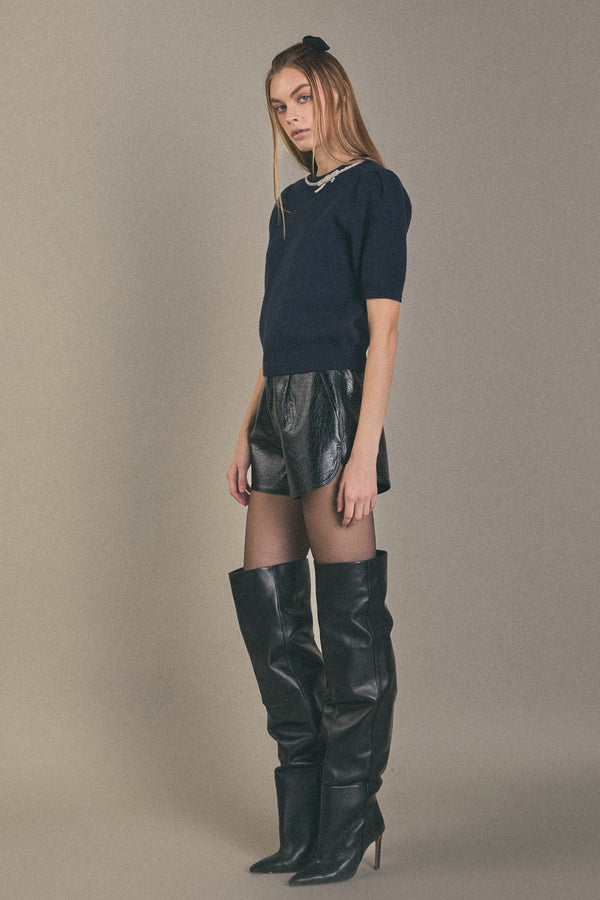 English Factory Puff Sleeve Rhinestone Bow Knit NAVY