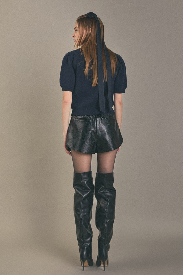 English Factory Puff Sleeve Rhinestone Bow Knit NAVY