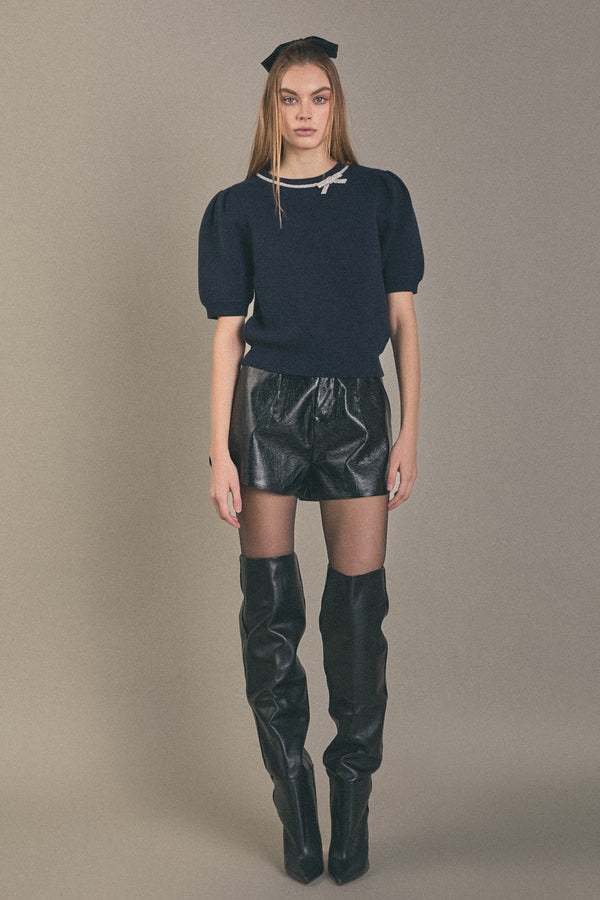 english factory Puff Sleeve Rhinestone Bow Knit NAVY