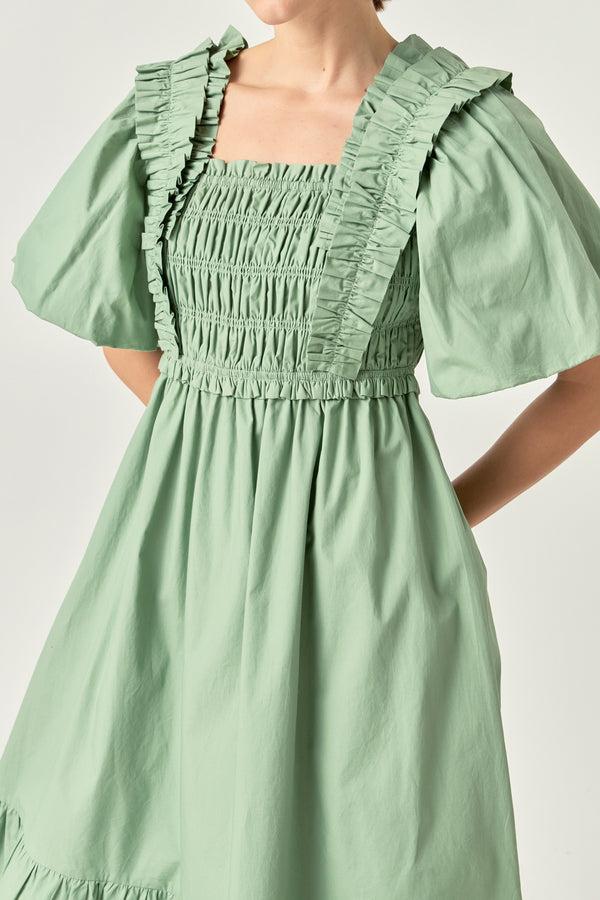 English Factory Puff Sleeve Square Neck Midi Dress GREEN