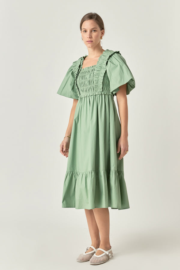 English Factory Puff Sleeve Square Neck Midi Dress GREEN