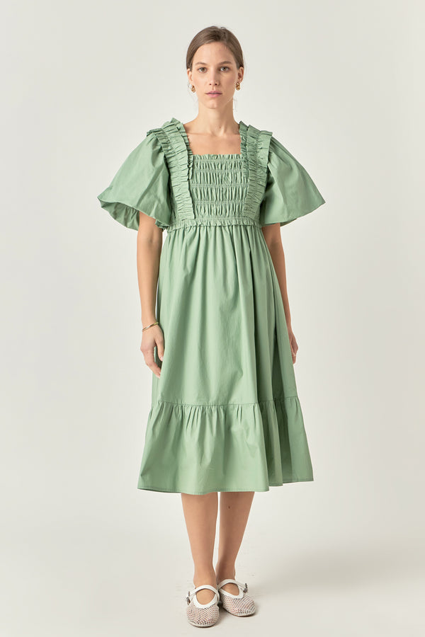 english factory Puff Sleeve Square Neck Midi Dress GREEN