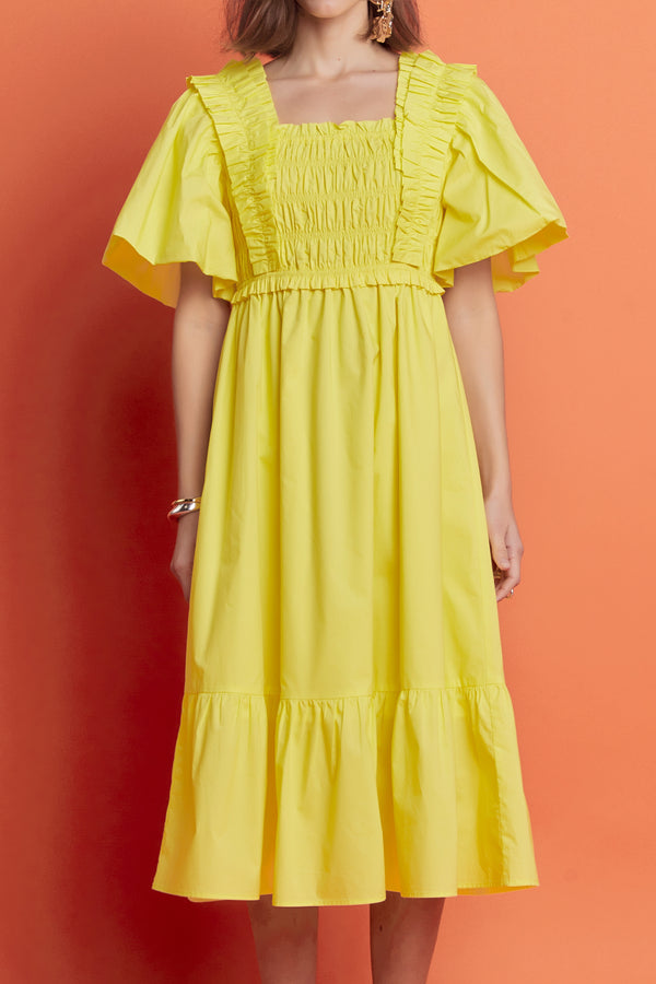 English Factory Puff Sleeve Square Neck Midi Dress YELLOW
