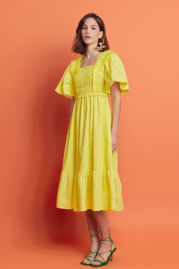 English Factory Puff Sleeve Square Neck Midi Dress YELLOW