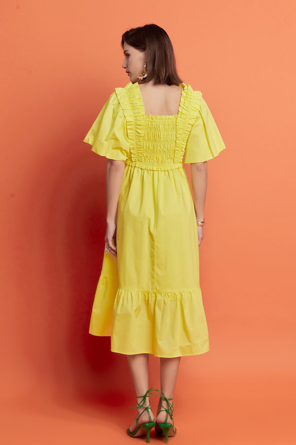 English Factory Puff Sleeve Square Neck Midi Dress YELLOW
