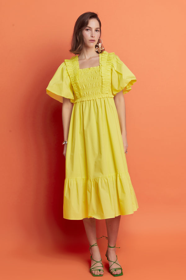 english factory Puff Sleeve Square Neck Midi Dress YELLOW