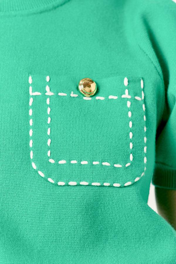 English Factory Puff Sleeve Stitch Detail Knit Top GREEN