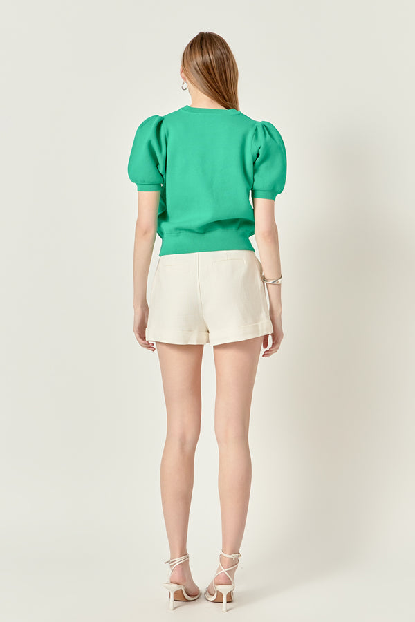 English Factory Puff Sleeve Stitch Detail Knit Top GREEN