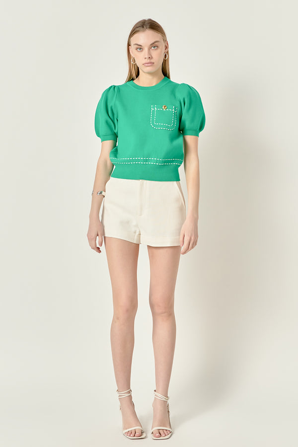 english factory Puff Sleeve Stitch Detail Knit Top GREEN