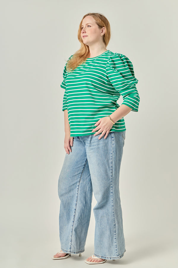 English Factory Puff Sleeve Stripe Knit Top WHITE/GREEN