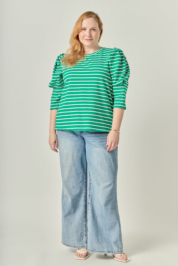 english factory Puff Sleeve Stripe Knit Top WHITE/GREEN