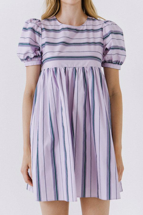 English Factory Puff Sleeve Striped Mini Dress LILAC