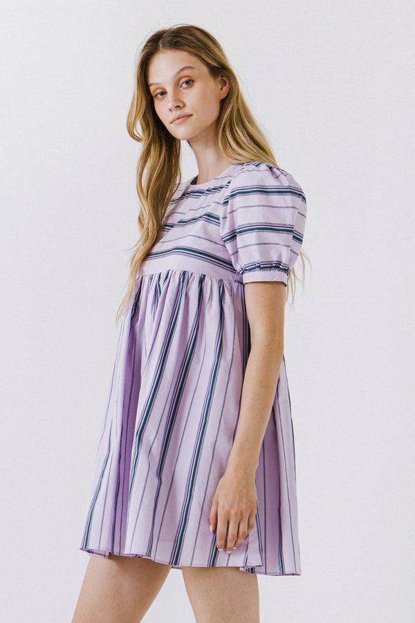 English Factory Puff Sleeve Striped Mini Dress LILAC