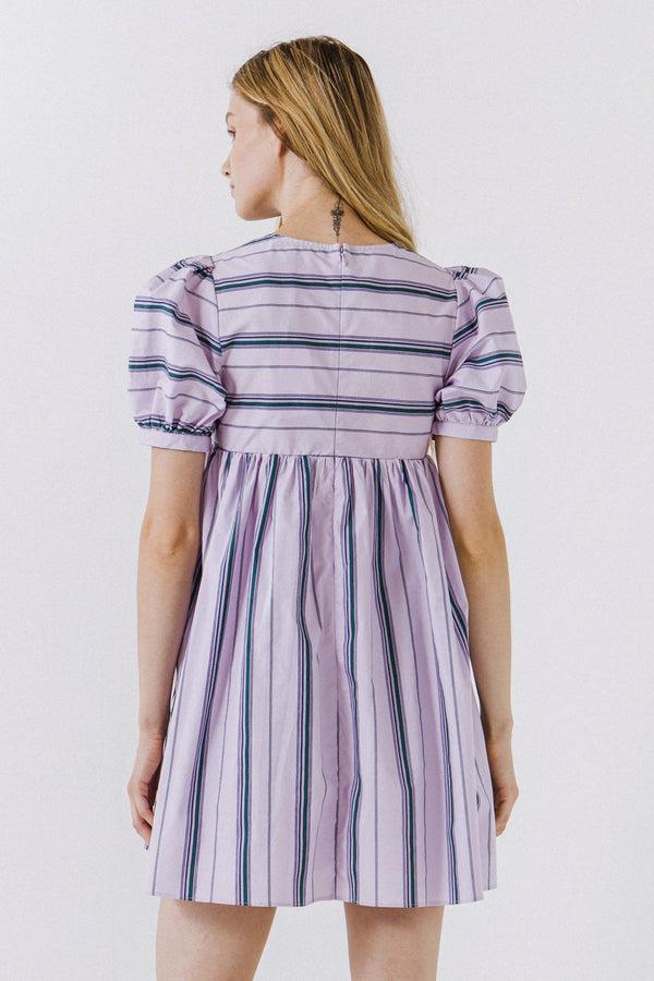English Factory Puff Sleeve Striped Mini Dress LILAC