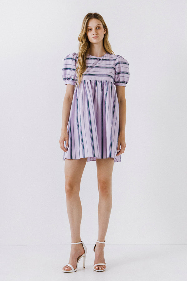 english factory Puff Sleeve Striped Mini Dress LILAC