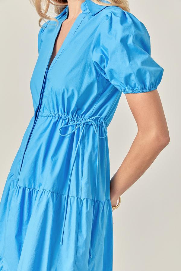 English Factory Puff Sleeve Tiered Midi Dress OCEAN BLUE