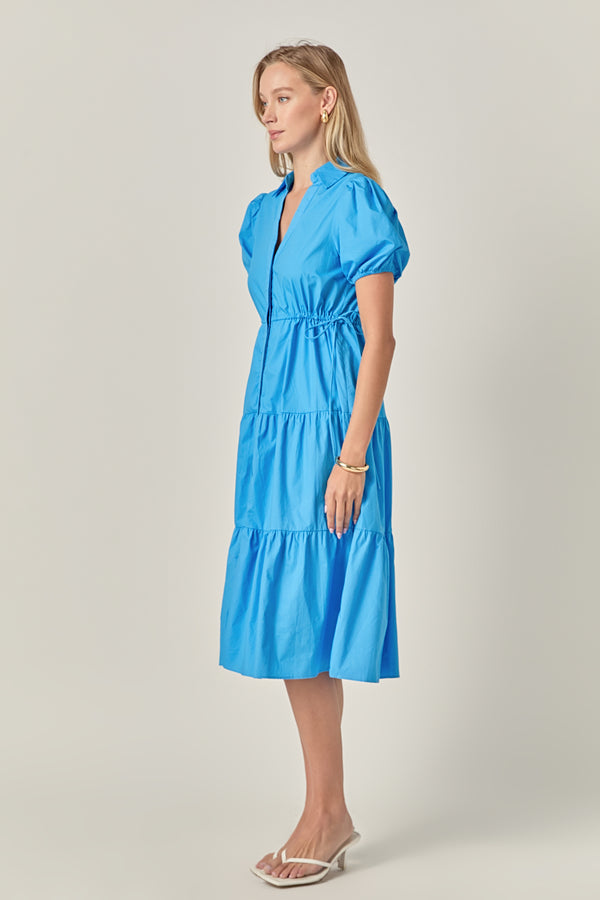 English Factory Puff Sleeve Tiered Midi Dress OCEAN BLUE