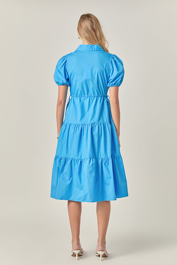 English Factory Puff Sleeve Tiered Midi Dress OCEAN BLUE