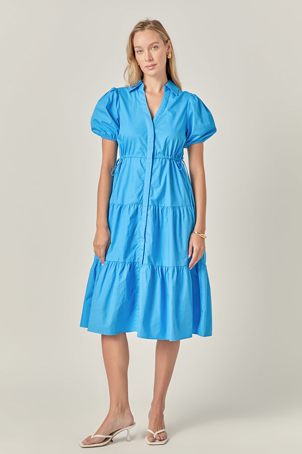 english factory Puff Sleeve Tiered Midi Dress OCEAN BLUE