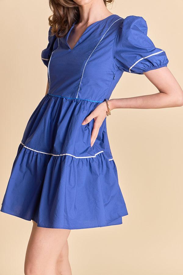 English Factory Puff Sleeve Tiered Mini Dress NAVY MULTI