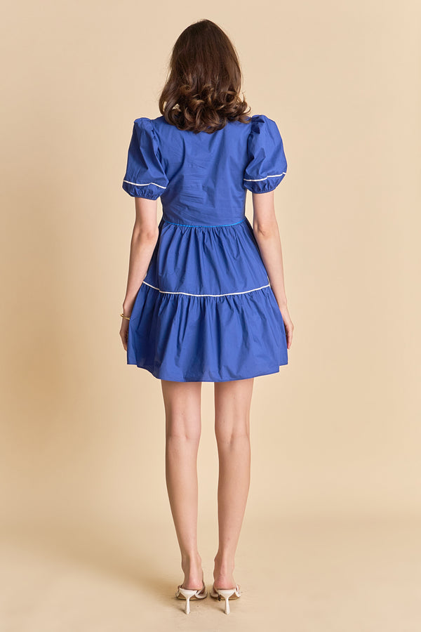 English Factory Puff Sleeve Tiered Mini Dress NAVY MULTI