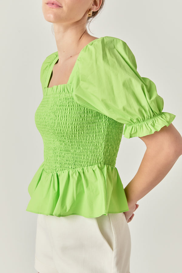 English Factory Puff Sleeve Top With Square Neckline CHARTREUSE