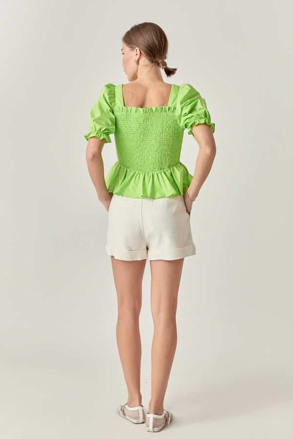 English Factory Puff Sleeve Top With Square Neckline CHARTREUSE