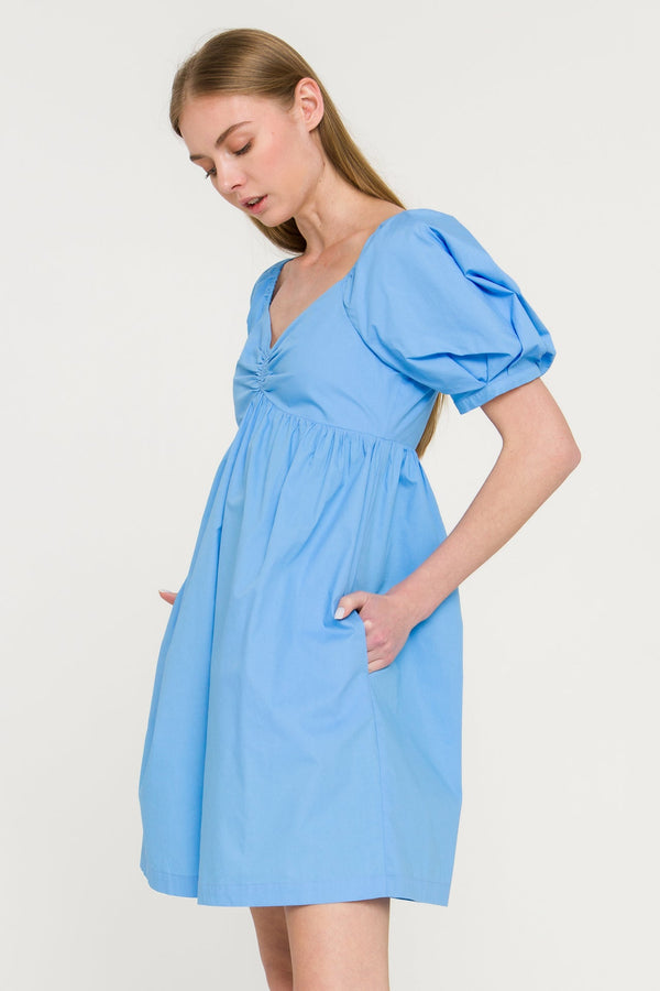 English Factory Puff Sleeve V-Neck Babydoll Dress BLUE