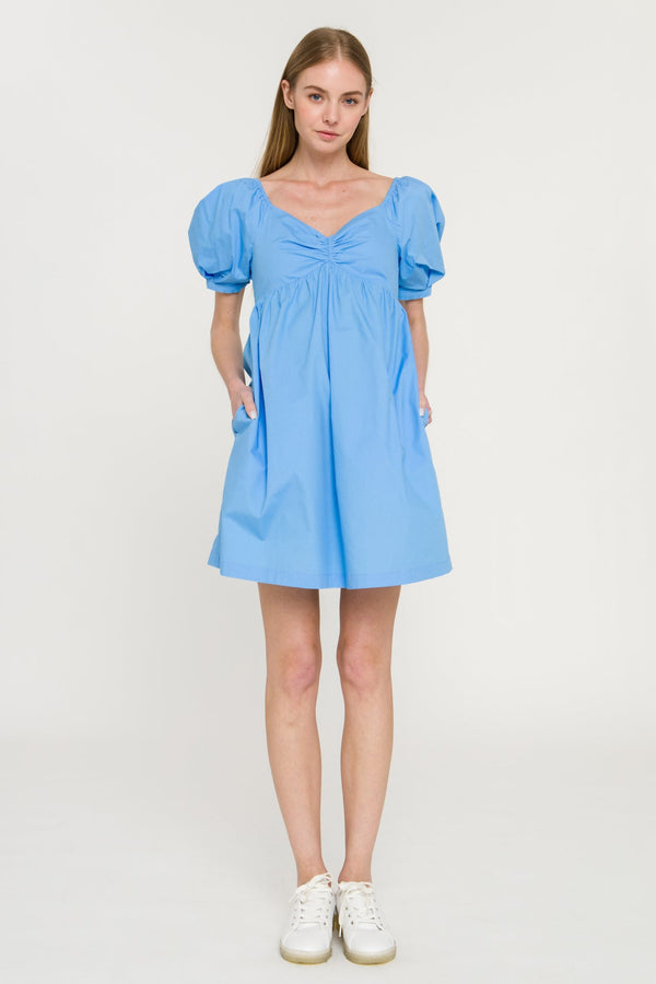 english factory Puff Sleeve V-Neck Babydoll Dress BLUE