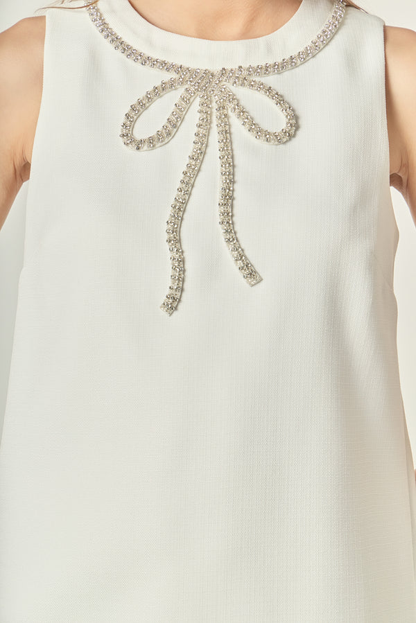 English Factory Rhinestone Bow Embellished Mini Dress OFF WHITE