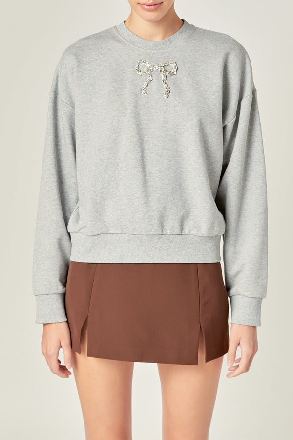English Factory Rhinestone Bow Sweatshirt HEATHER GREY