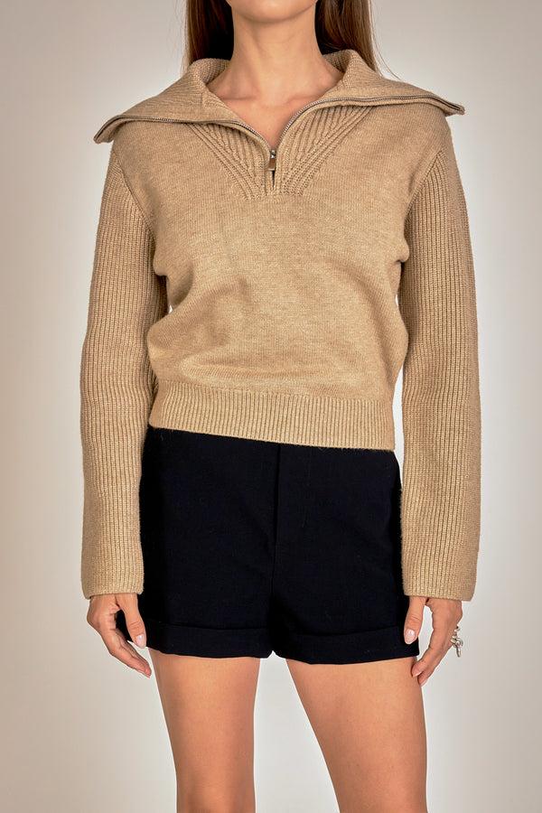 English Factory Ribbed Contrast Zip Up Sweater TAUPE