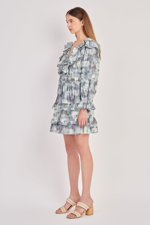 English Factory Ruffle Detail Long Sleeve Mini Dress GREEN