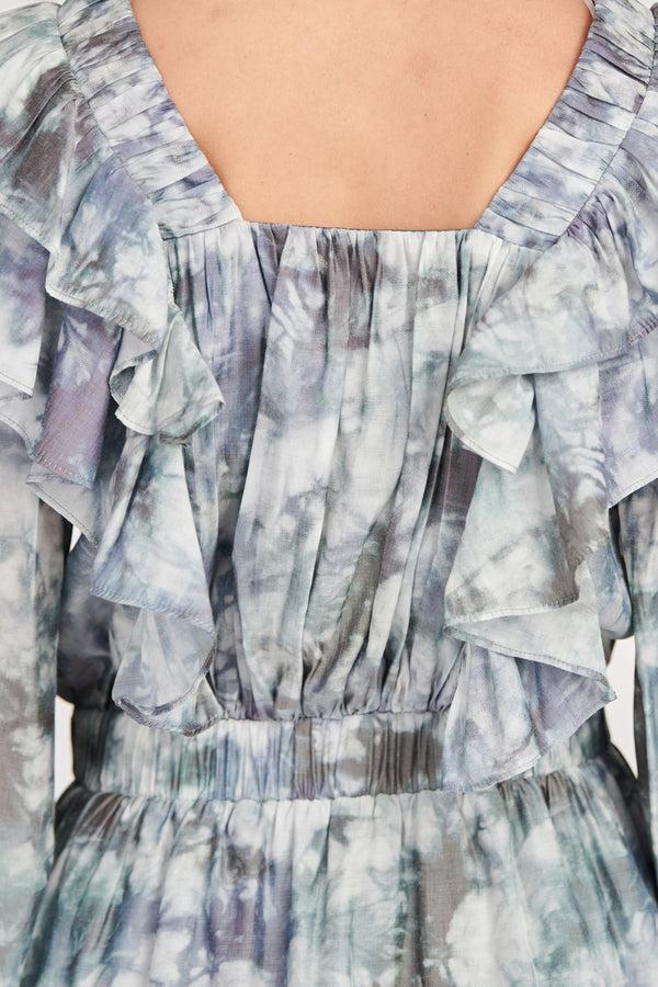 English Factory Ruffle Detail Long Sleeve Mini Dress GREEN