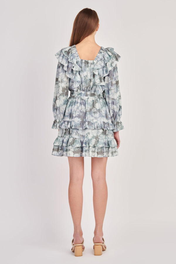 English Factory Ruffle Detail Long Sleeve Mini Dress GREEN