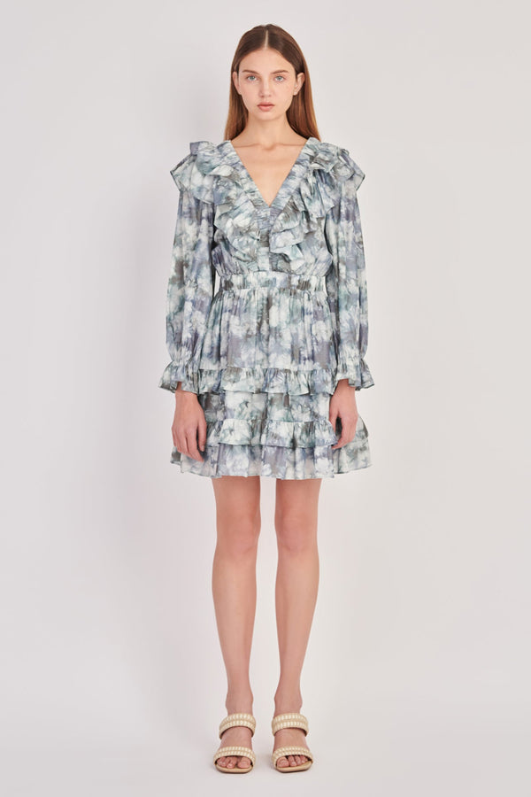 english factory Ruffle Detail Long Sleeve Mini Dress GREEN