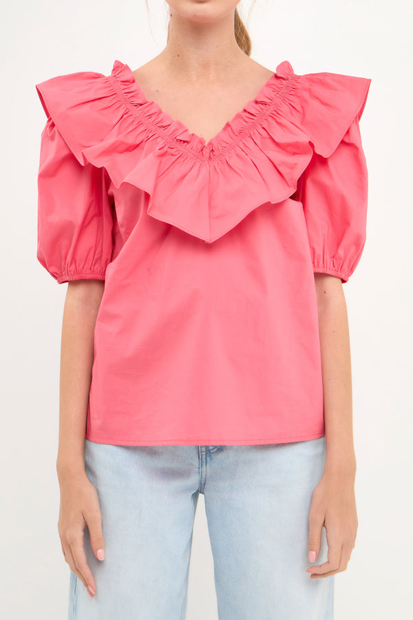 English Factory Ruffle Detail Puff Sleeve Top WHITE
