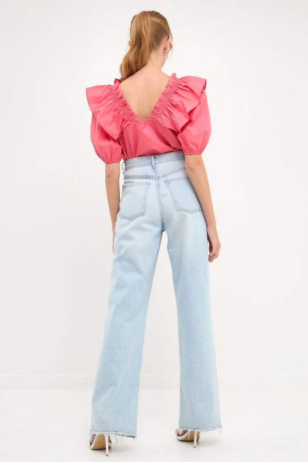 English Factory Ruffle Detail Puff Sleeve Top WHITE