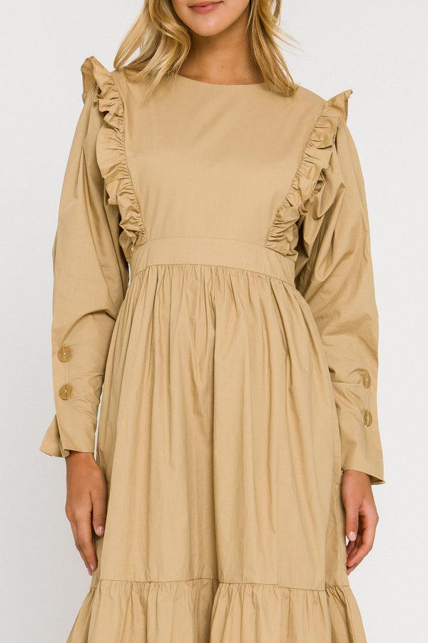 English Factory Ruffle Detail Tiered Midi Dress BEIGE