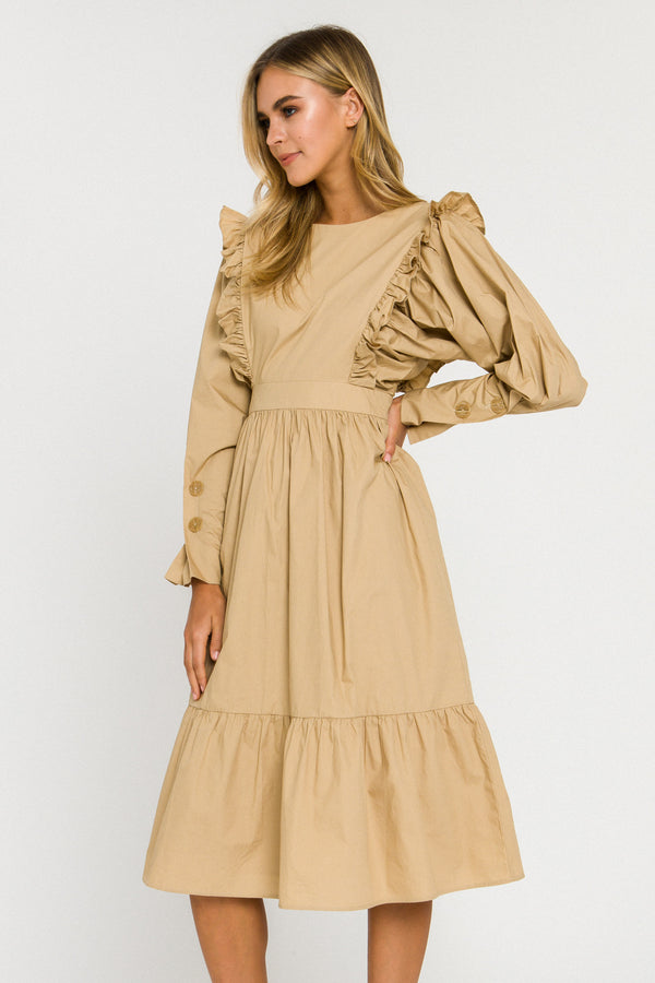 English Factory Ruffle Detail Tiered Midi Dress BEIGE