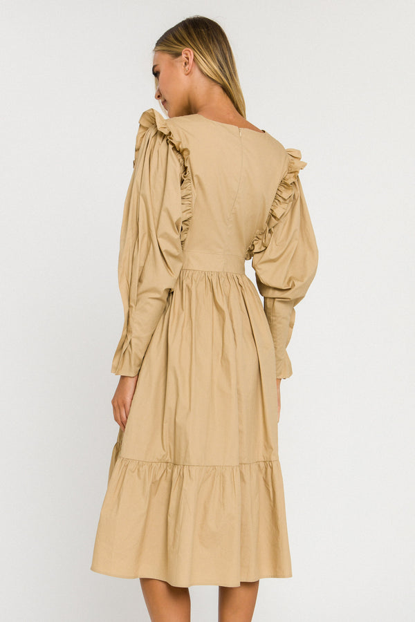 English Factory Ruffle Detail Tiered Midi Dress BEIGE