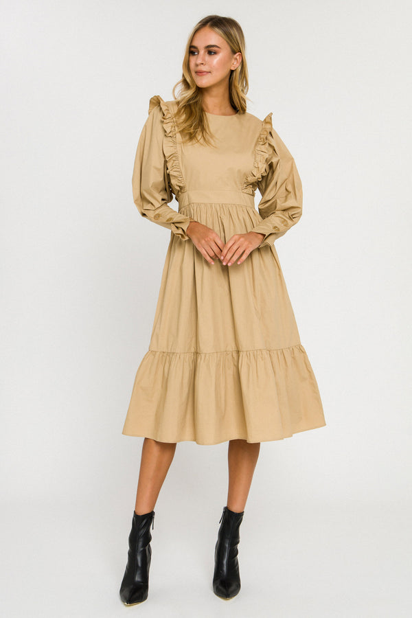 english factory Ruffle Detail Tiered Midi Dress BEIGE
