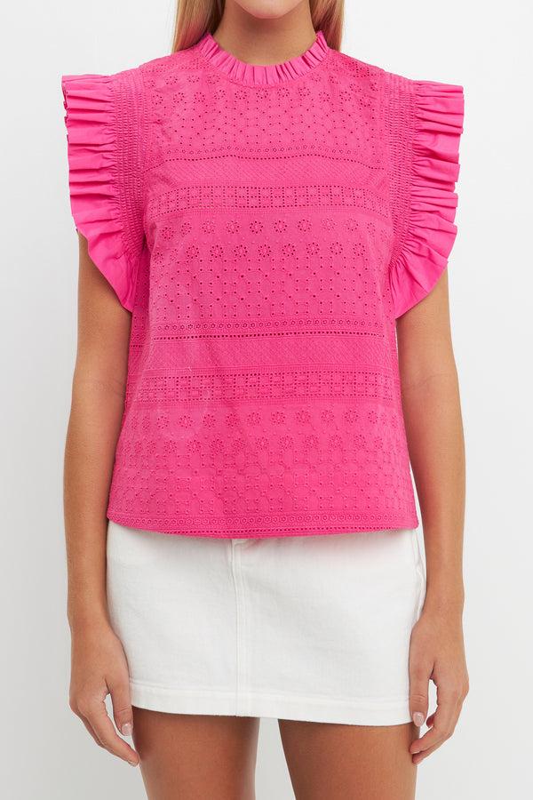 English Factory Ruffle Sleeve Embroidered Cotton Top FUCHSIA