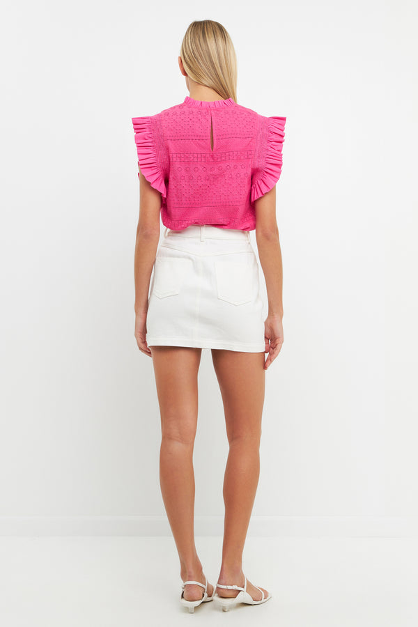 English Factory Ruffle Sleeve Embroidered Cotton Top FUCHSIA