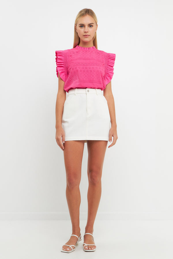 english factory Ruffle Sleeve Embroidered Cotton Top FUCHSIA