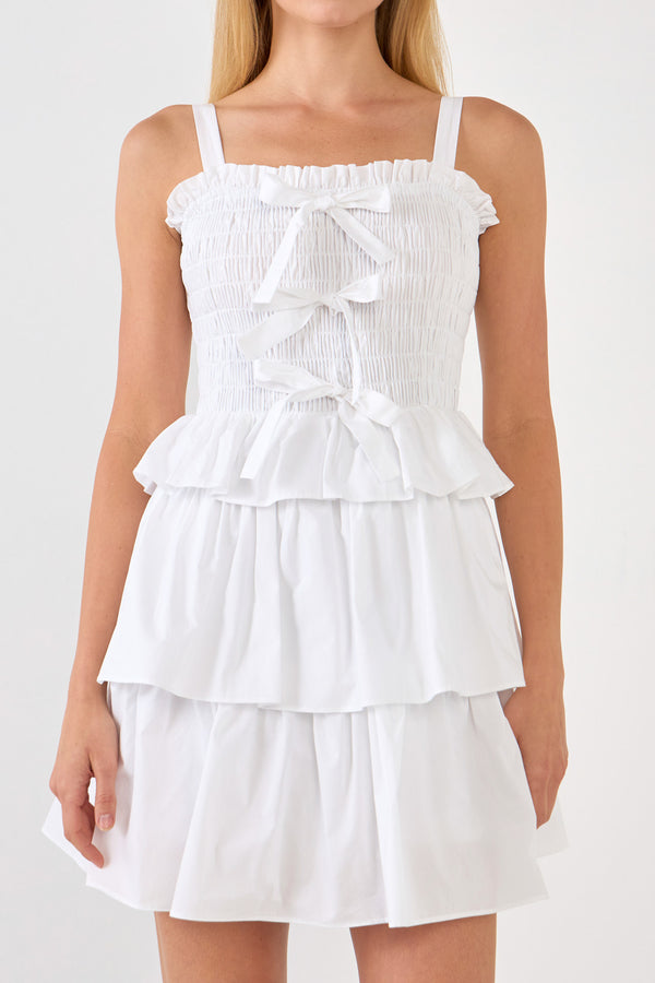 English Factory Ruffle Tiered Mini Dress With Ties WHITE