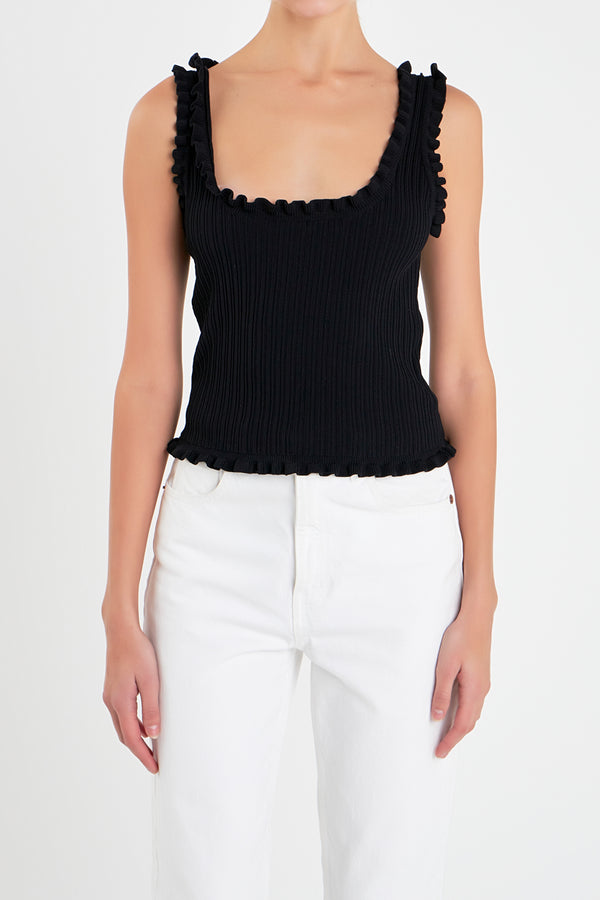 English Factory Ruffled Edge Sleeveless Knit Top BLACK