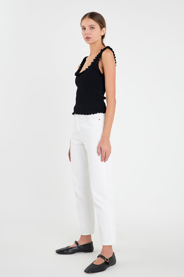 English Factory Ruffled Edge Sleeveless Knit Top BLACK