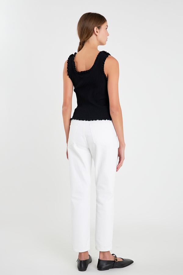 English Factory Ruffled Edge Sleeveless Knit Top BLACK